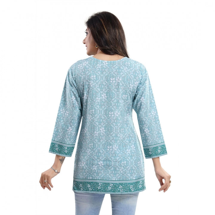 Generic Women's Quarter Sleeve Faux Crepe Printed Short Kurti Tunic Top (Color:Blue)