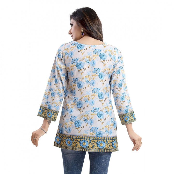 Generic Women's Quarter Sleeve Faux Crepe Printed Short Kurti Tunic Top (Color:White)