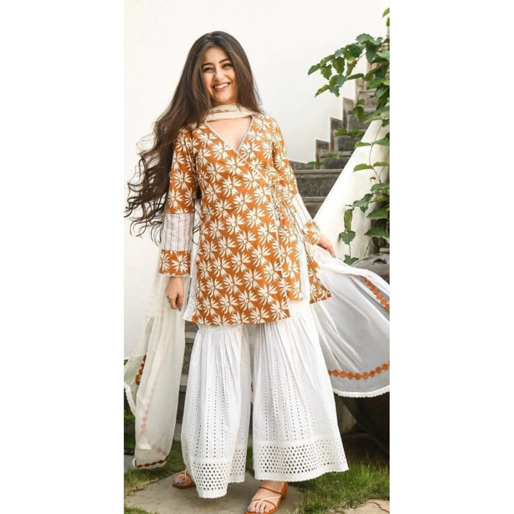 Generic Women's Procin Print Cotton Angrakha Pattern Kurti With Lace And Tassel Details Set (Mustard Yellow)