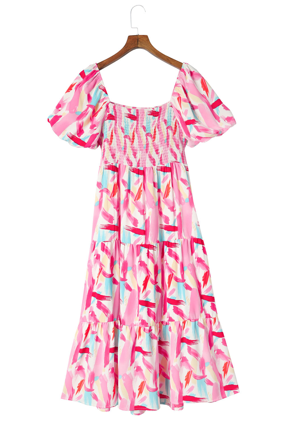 Printed Square Neck Tied Smocked Dress