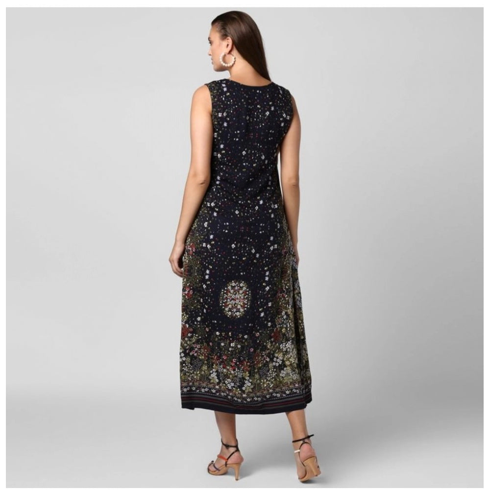 Generic Women's Rayon Floral Sleeveless Calf-length Dress (Black)