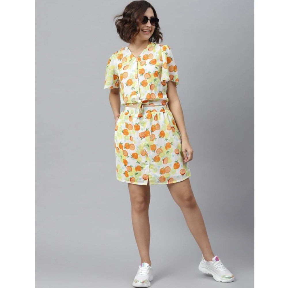 Generic Women's Polyester Printed Flutter Above Knee Dress (Orange - Yellow)