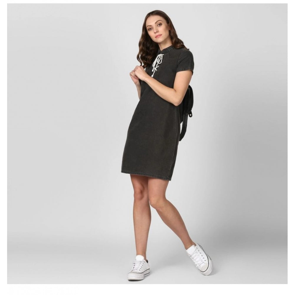 Generic Women's Denim Solid Short Sleeve Above Knee Dress (Black)