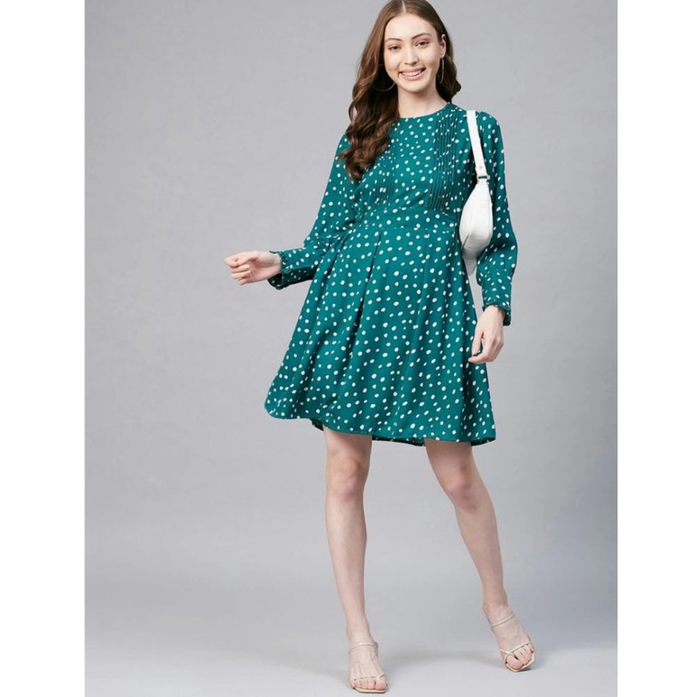 Generic Women's Polyester Polka Long Sleeves Above Knee Dress (Green - White)