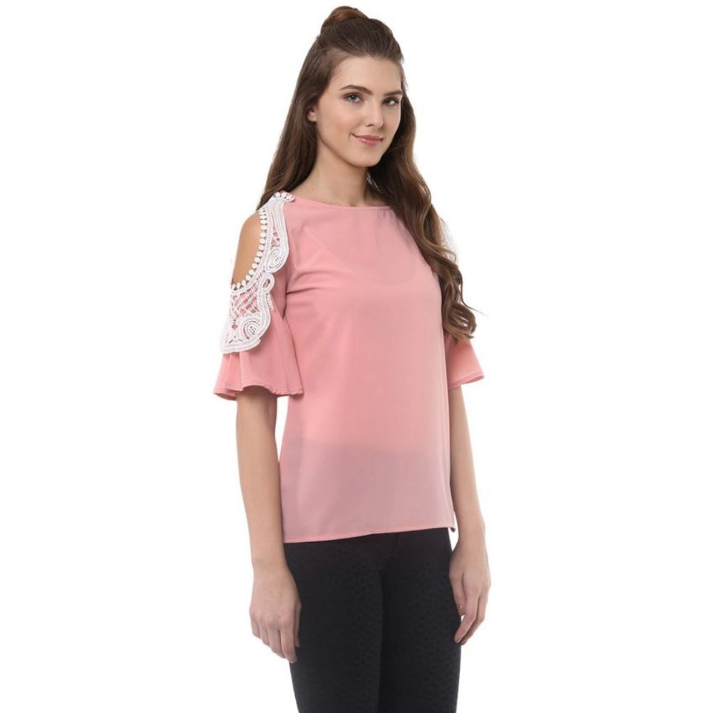 Generic Women's Polyester Lace Inserts Half Sleeve Top (Pink)