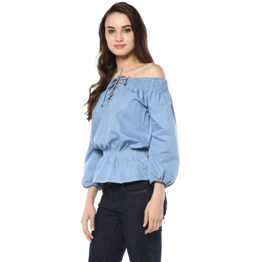 Generic Women's Denim Solid 3-4th Sleeves Regular Top (Blue)