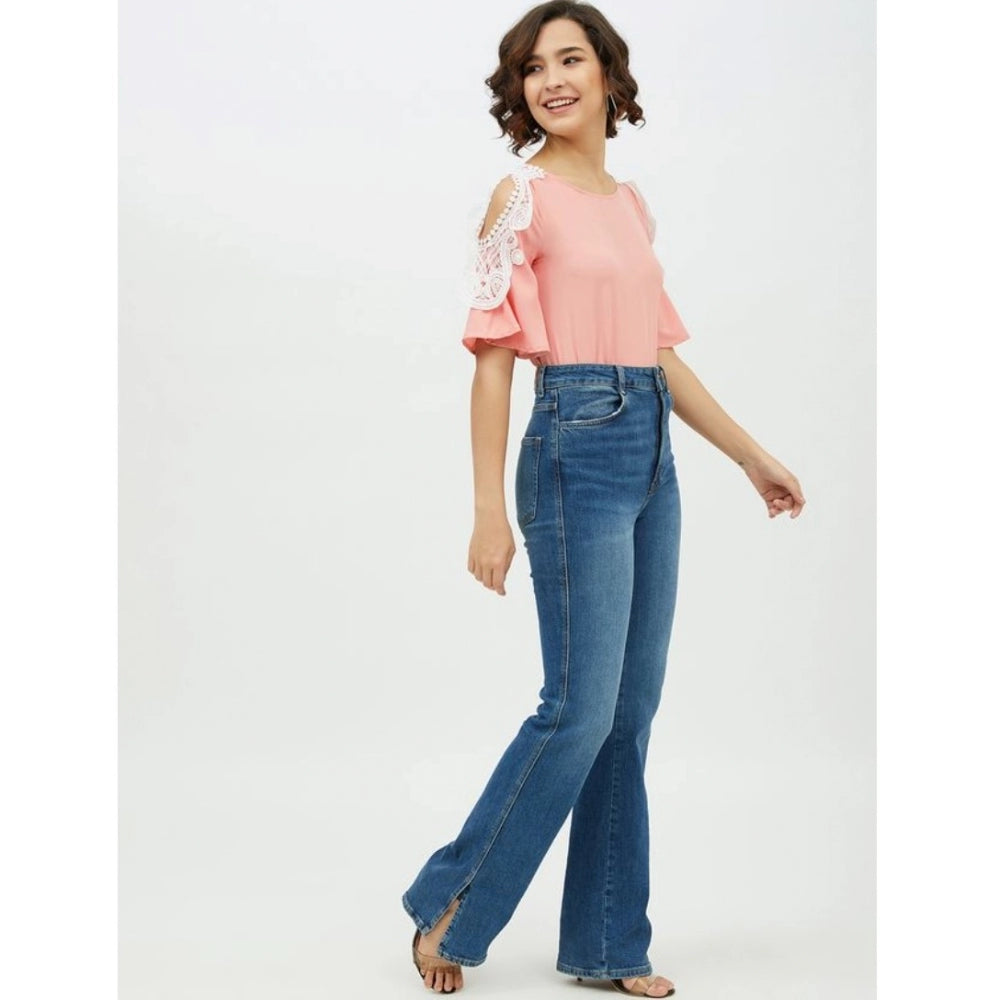 Generic Women's Polyester Lace Inserts Cold Shoulder Top (Pink)