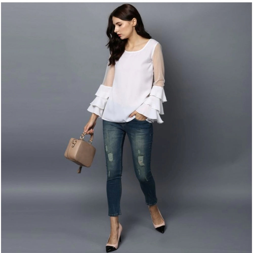 Generic Women's Polyester Solid Tier Sleeve Top (White)