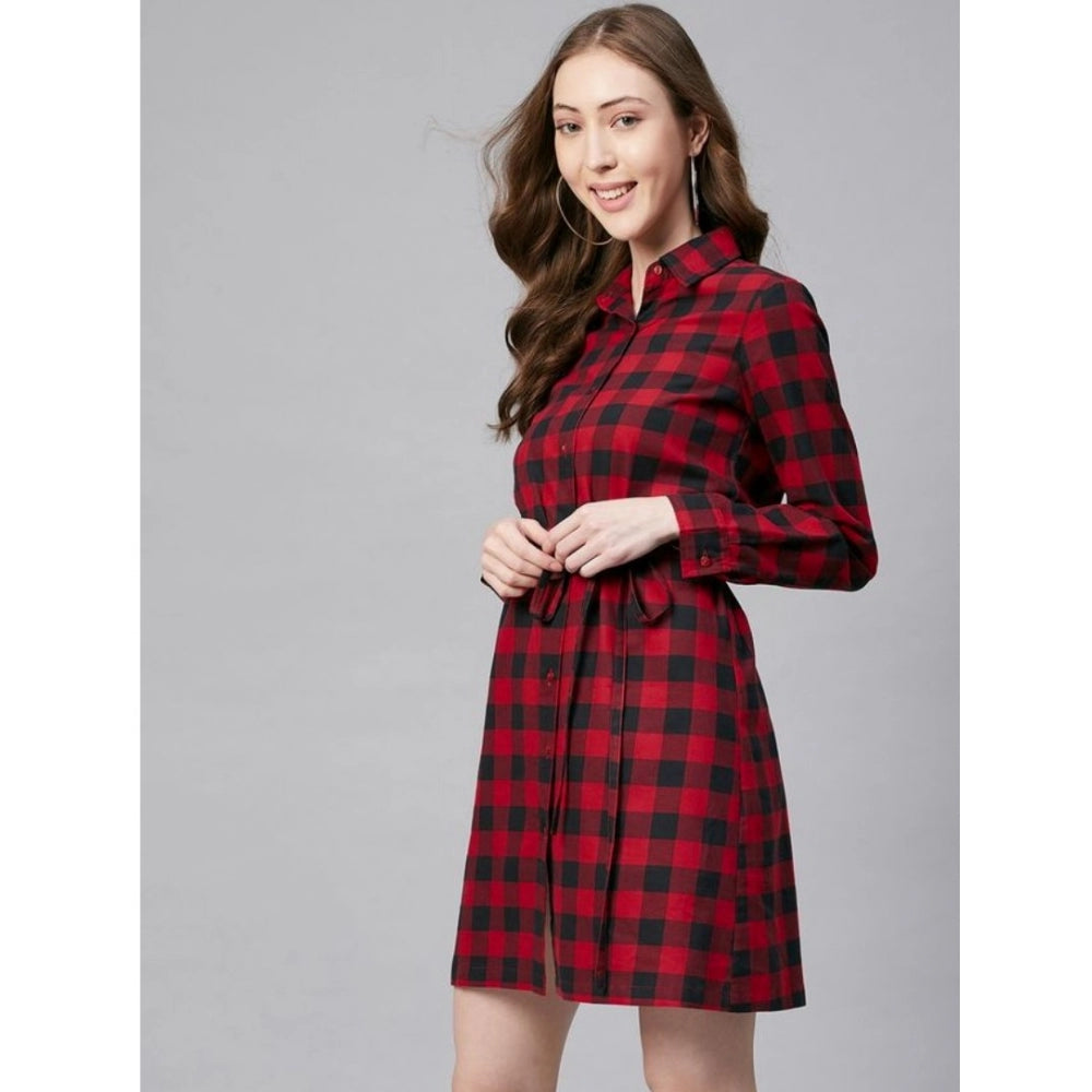 Generic Women's Cotton Checkered Long Sleeves Above Knee Dress (Red - Black)