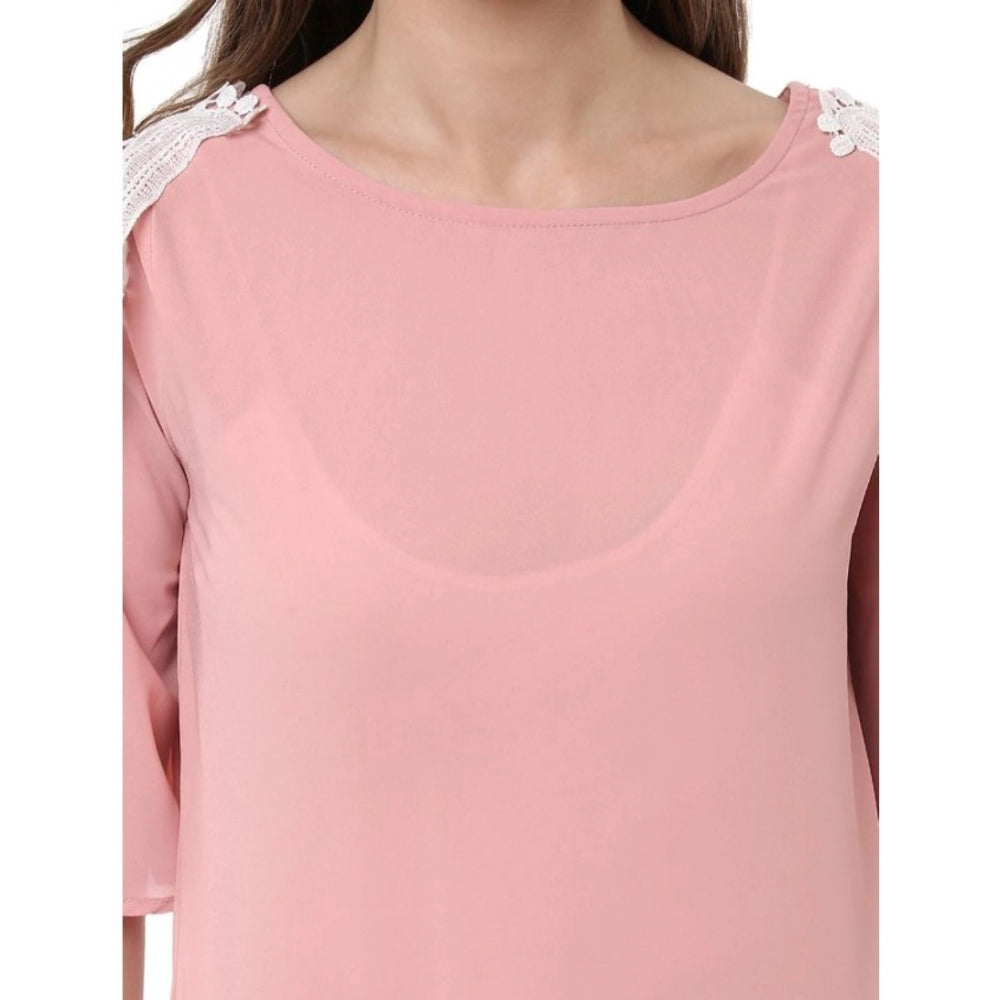 Generic Women's Polyester Lace Inserts Half Sleeve Top (Pink)