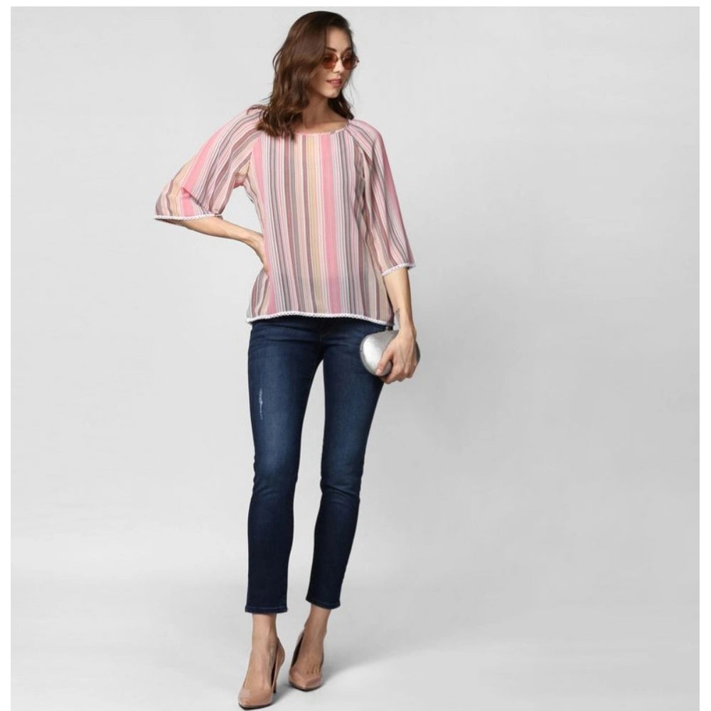 Generic Women's Polyester Striped 3-4th Sleeves Top (Pink)