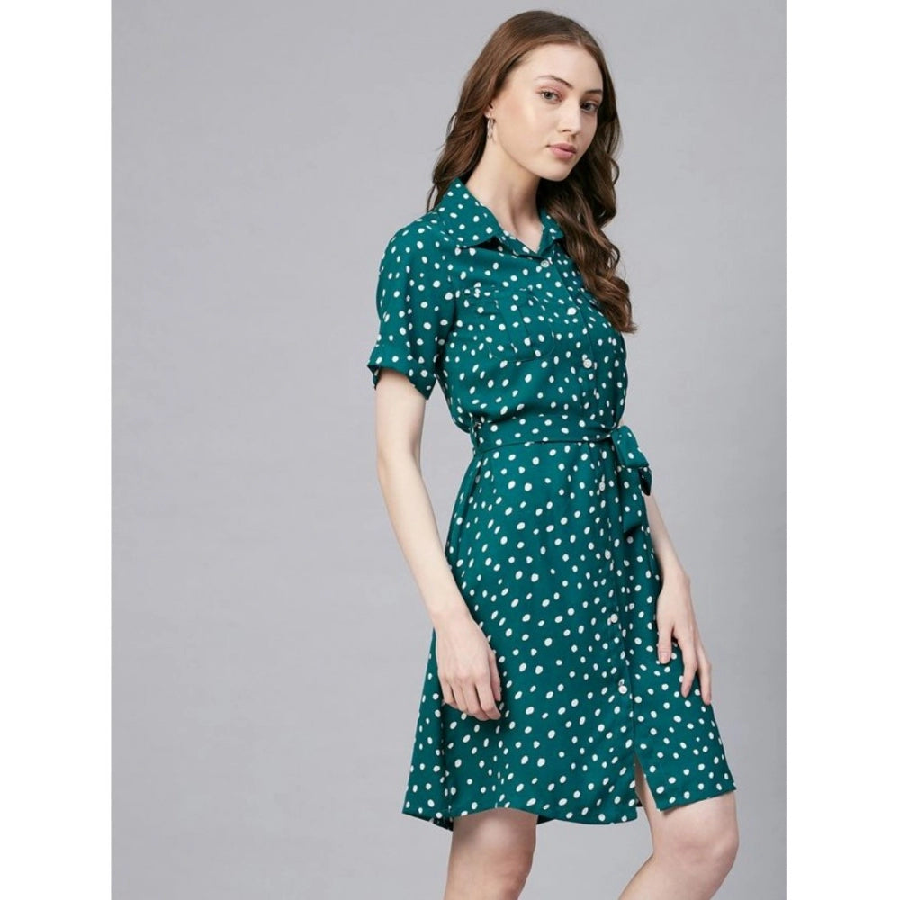 Generic Women's Polyester Polka Short Sleeve Above Knee Dress (Blue - White)