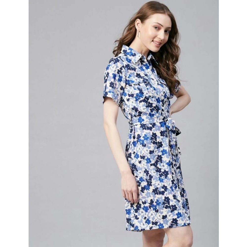 Generic Women's Polyester Floral Short Sleeve Above Knee Dress (Blue - White)