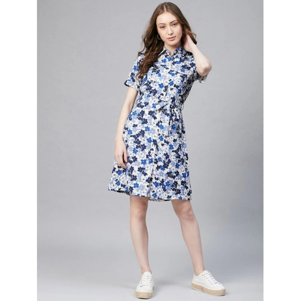 Generic Women's Polyester Floral Short Sleeve Above Knee Dress (Blue - White)