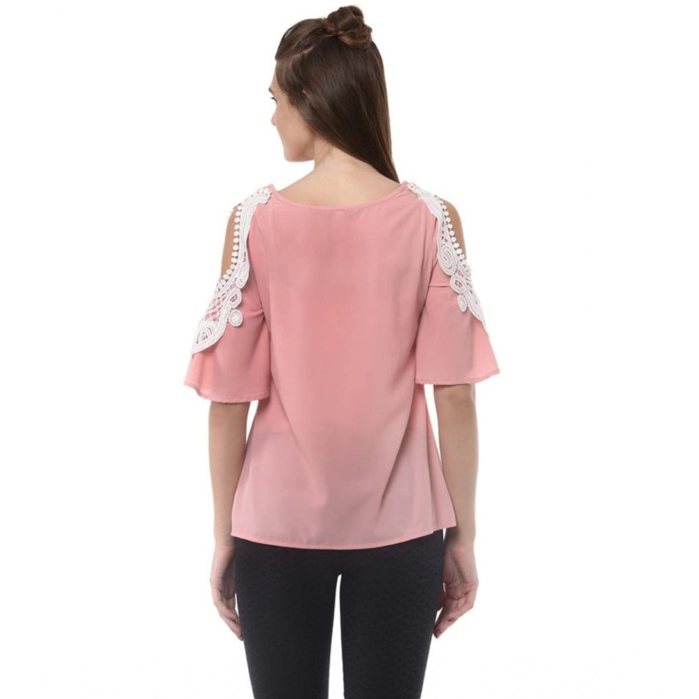 Generic Women's Polyester Lace Inserts Half Sleeve Top (Pink)
