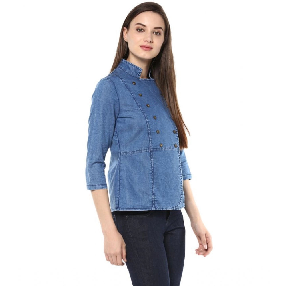 Generic Women's Denim Solid 3-4th Sleeves Regular Top (Blue)