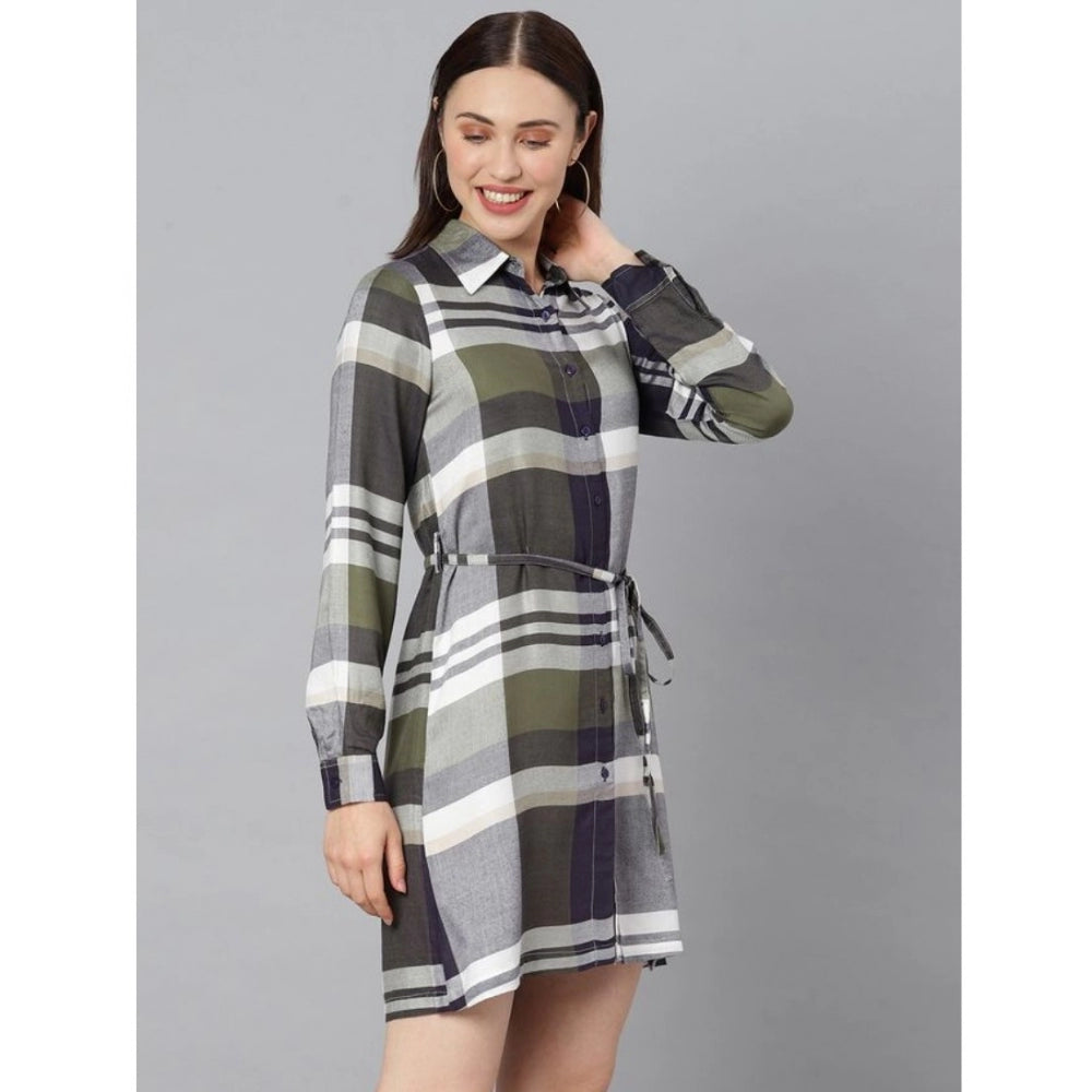 Generic Women's Cotton Checkered Long Sleeves Above Knee Dress (Olive - White)