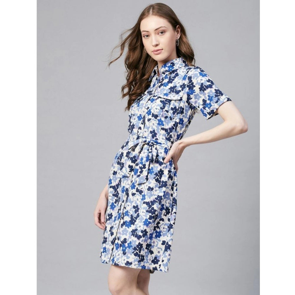 Generic Women's Polyester Floral Short Sleeve Above Knee Dress (Blue - White)