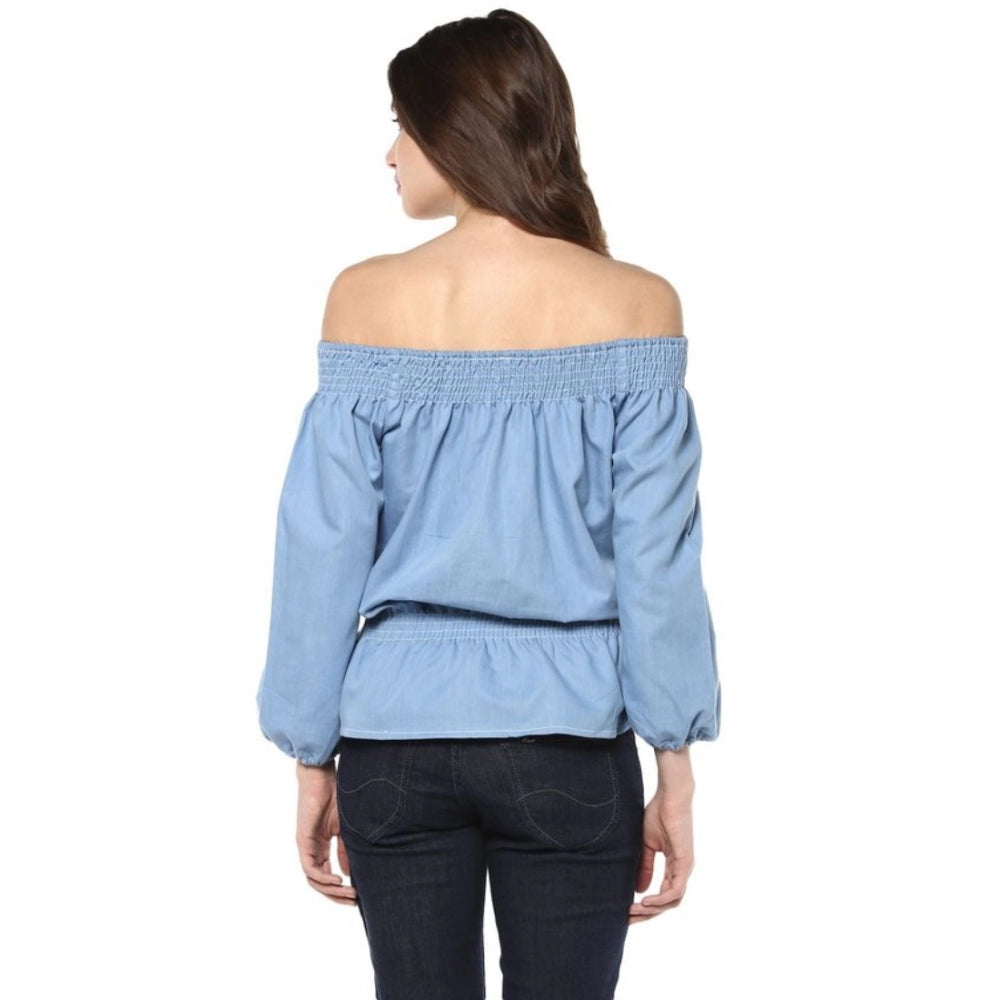 Generic Women's Denim Solid 3-4th Sleeves Regular Top (Blue)