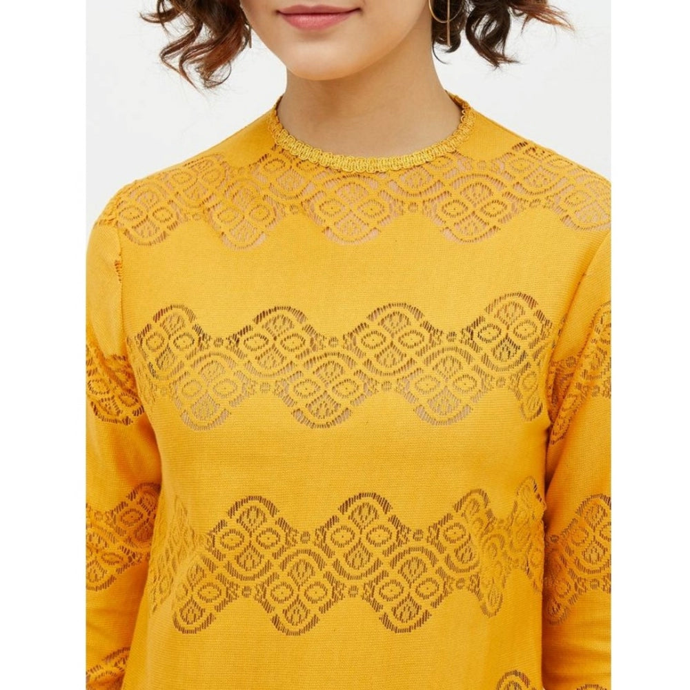 Generic Women's Cotton Lace Inserts Long Sleeves Top (Yellow)