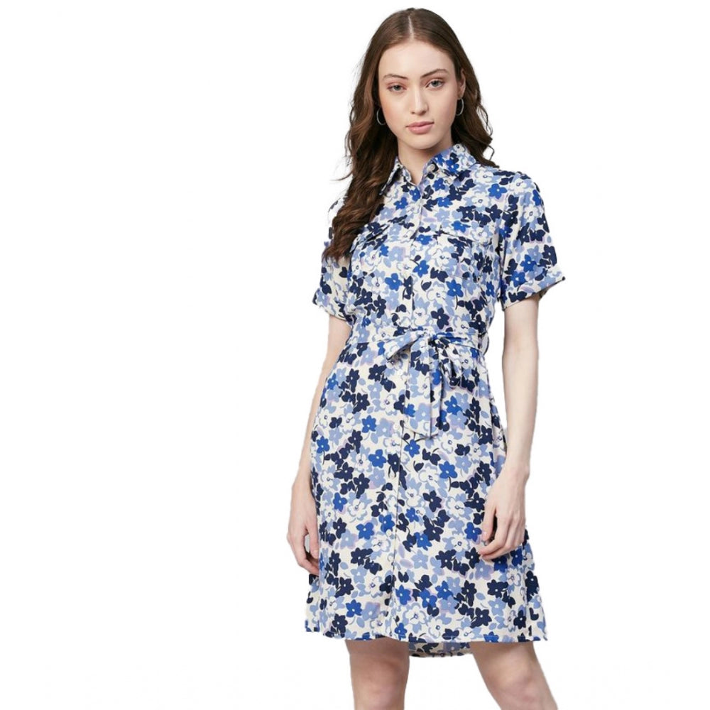 Generic Women's Polyester Floral Short Sleeve Above Knee Dress (Blue - White)