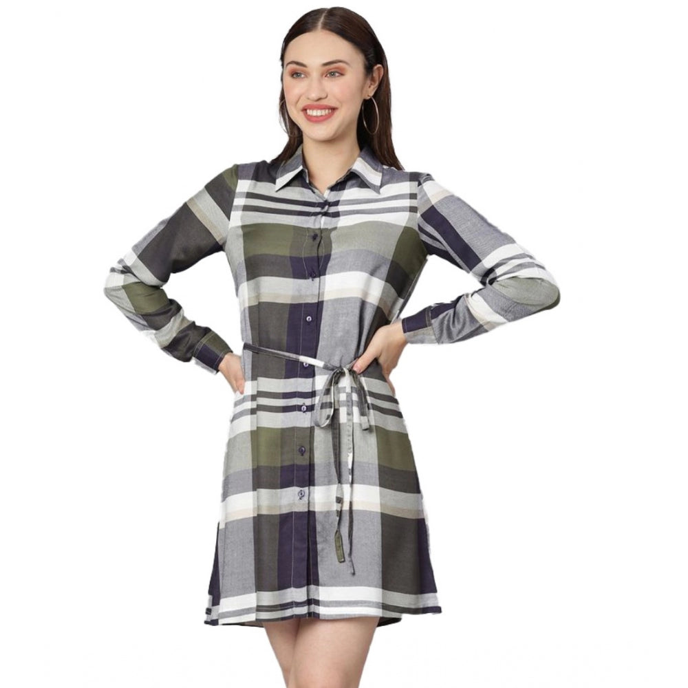 Generic Women's Cotton Checkered Long Sleeves Above Knee Dress (Olive - White)