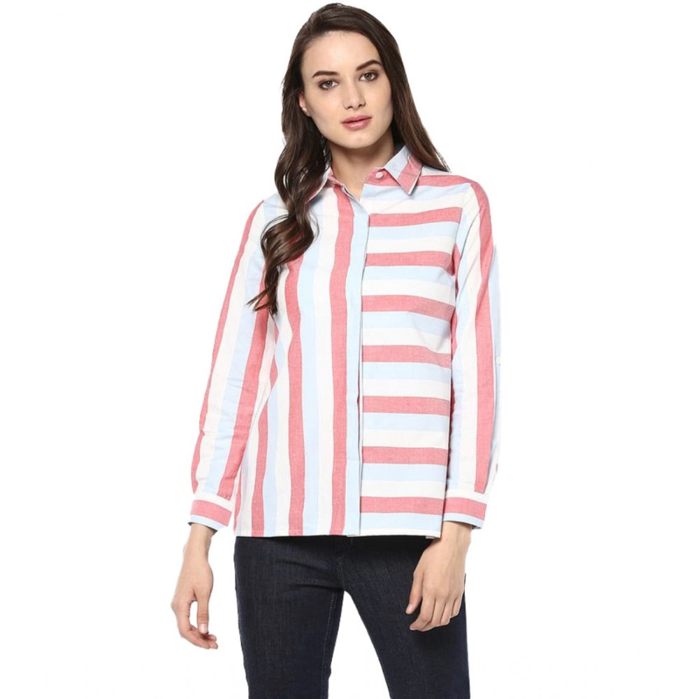 Generic Women's Cotton Striped Roll Up Sleeve Regular Top (Red)
