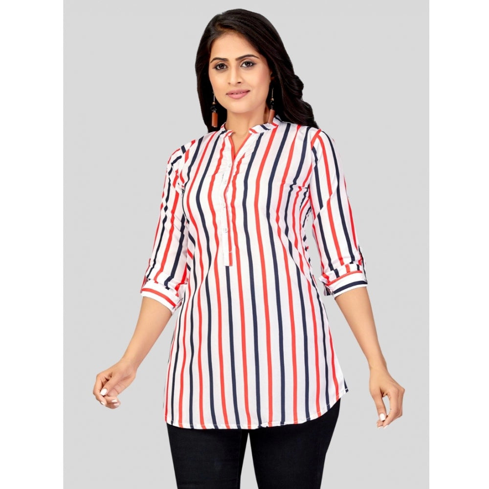 Generic Women's Poly Crepe Mandarin Collar 3/4 Sleeves Short Top (White)