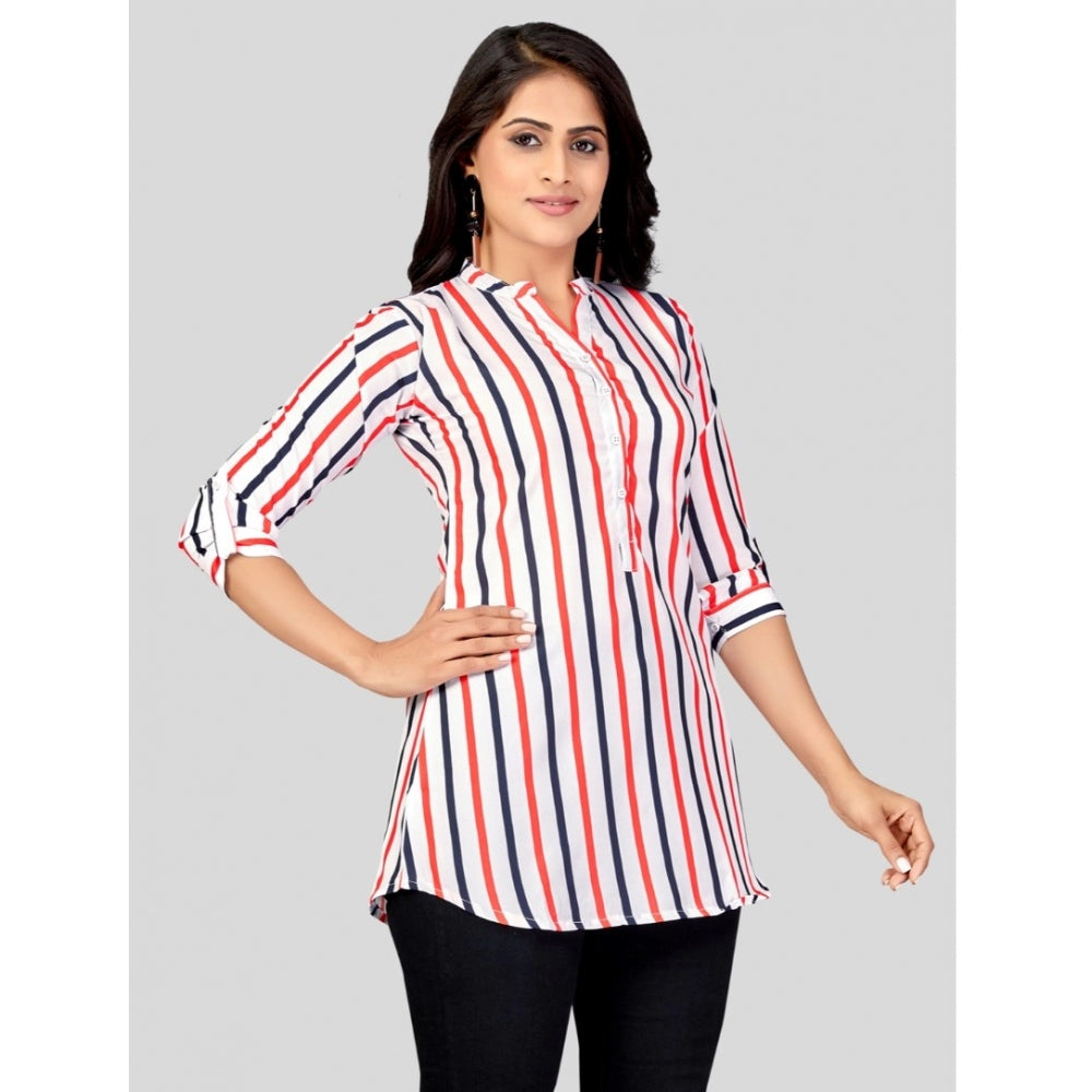 Generic Women's Poly Crepe Mandarin Collar 3/4 Sleeves Short Top (White)