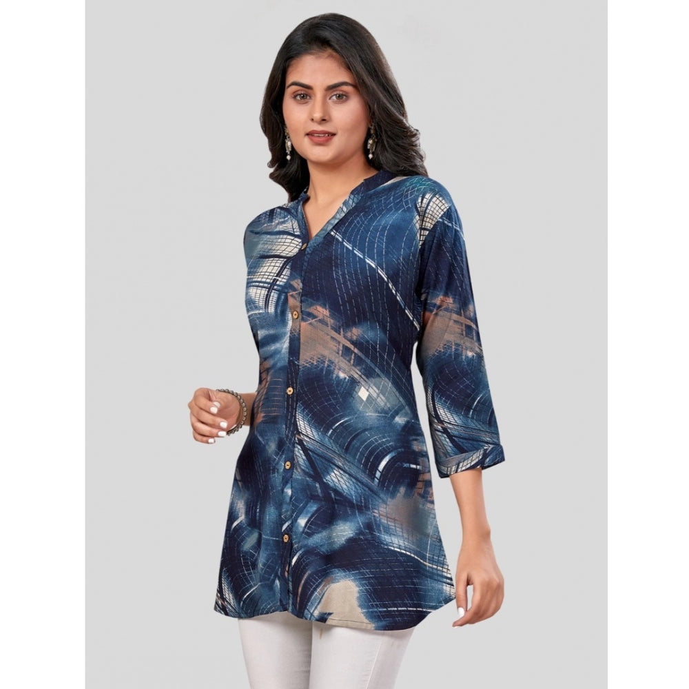 Generic Women's Rayon Mandarin Collar 3/4 Sleeves Short Top (Blue)