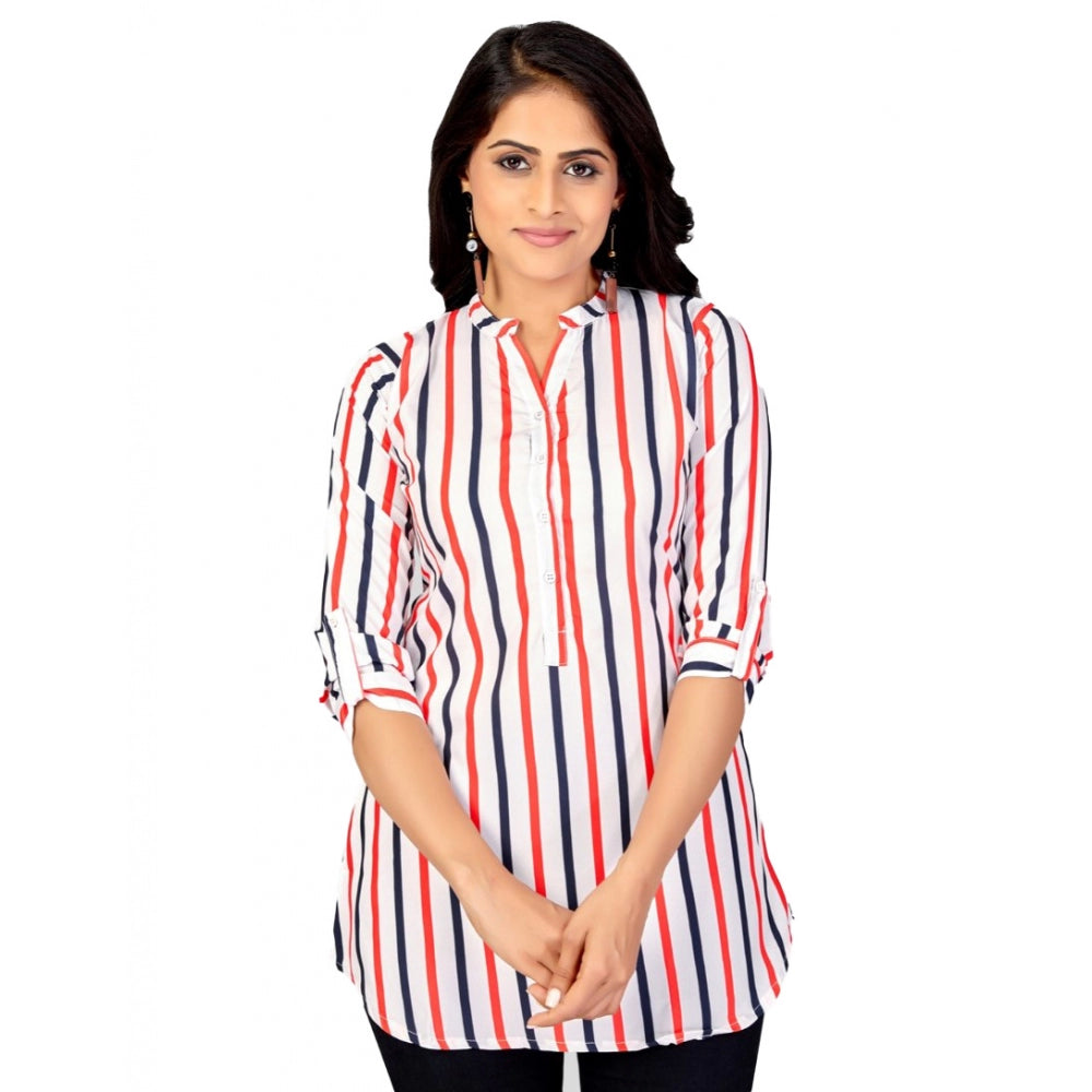 Generic Women's Poly Crepe Mandarin Collar 3/4 Sleeves Short Top (White)