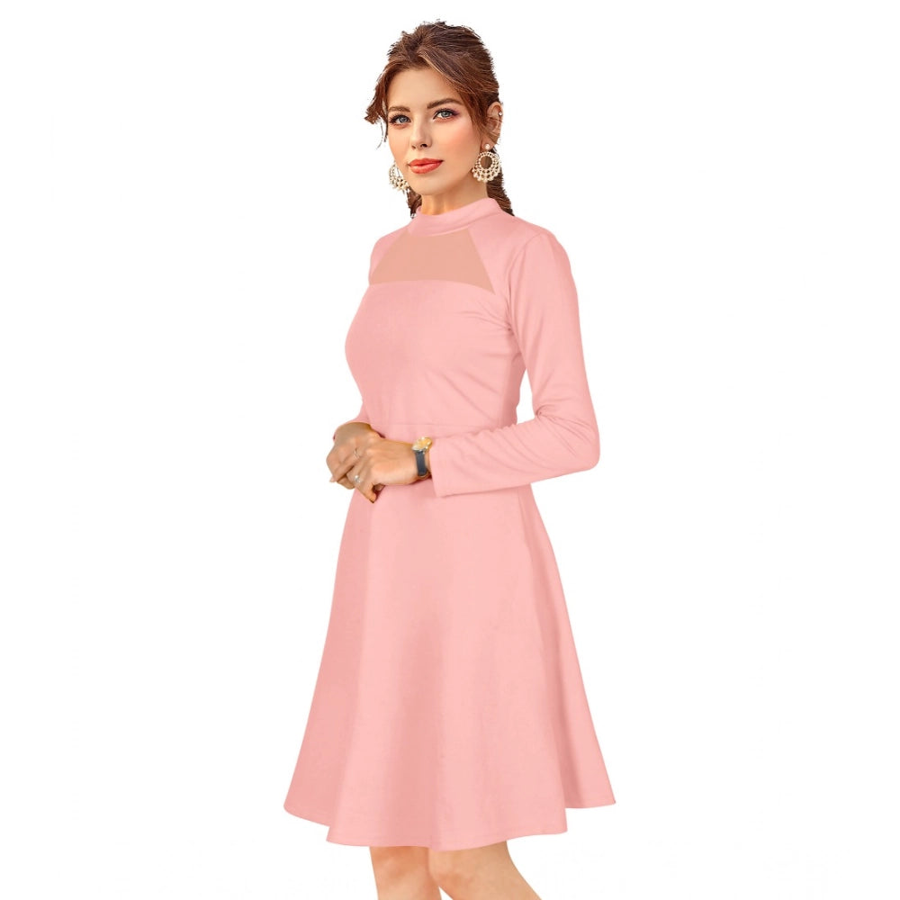 Generic Women's Knitting stretchable Solid Round Neck Full Sleeve Dress (Peach)