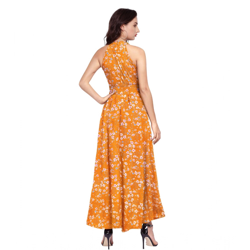 Generic Women's Polyester Printed Halter Neck Sleeveless Dress (Yellow)