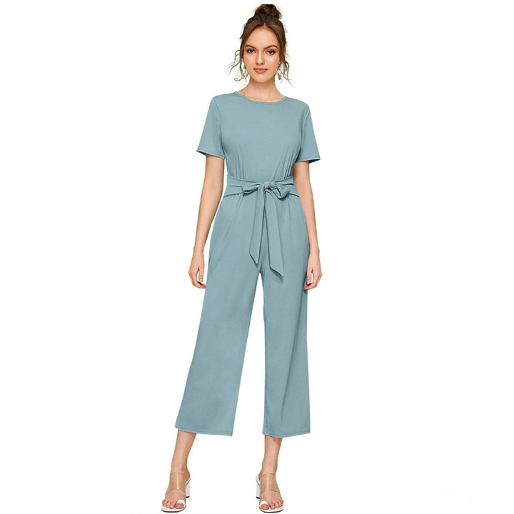 Generic Women's Knitting stretchable Solid Round Neck Cap Sleeve Jumpsuit (Pista )
