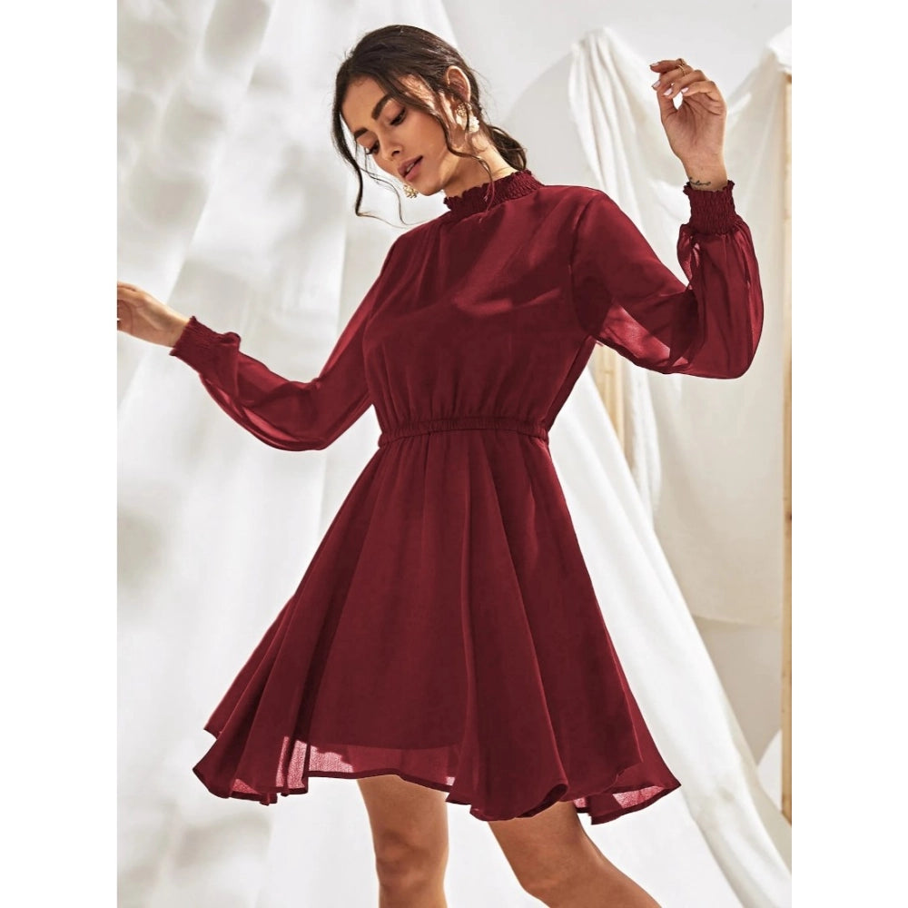 Generic Women's Fox Georgette Solid High Neck Full Sleeve Dress (Maroon)