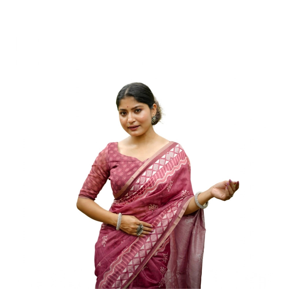 Generic Women's Cotton Printed Saree With Unstitched Blouse (Red, 5.5 Mtr)