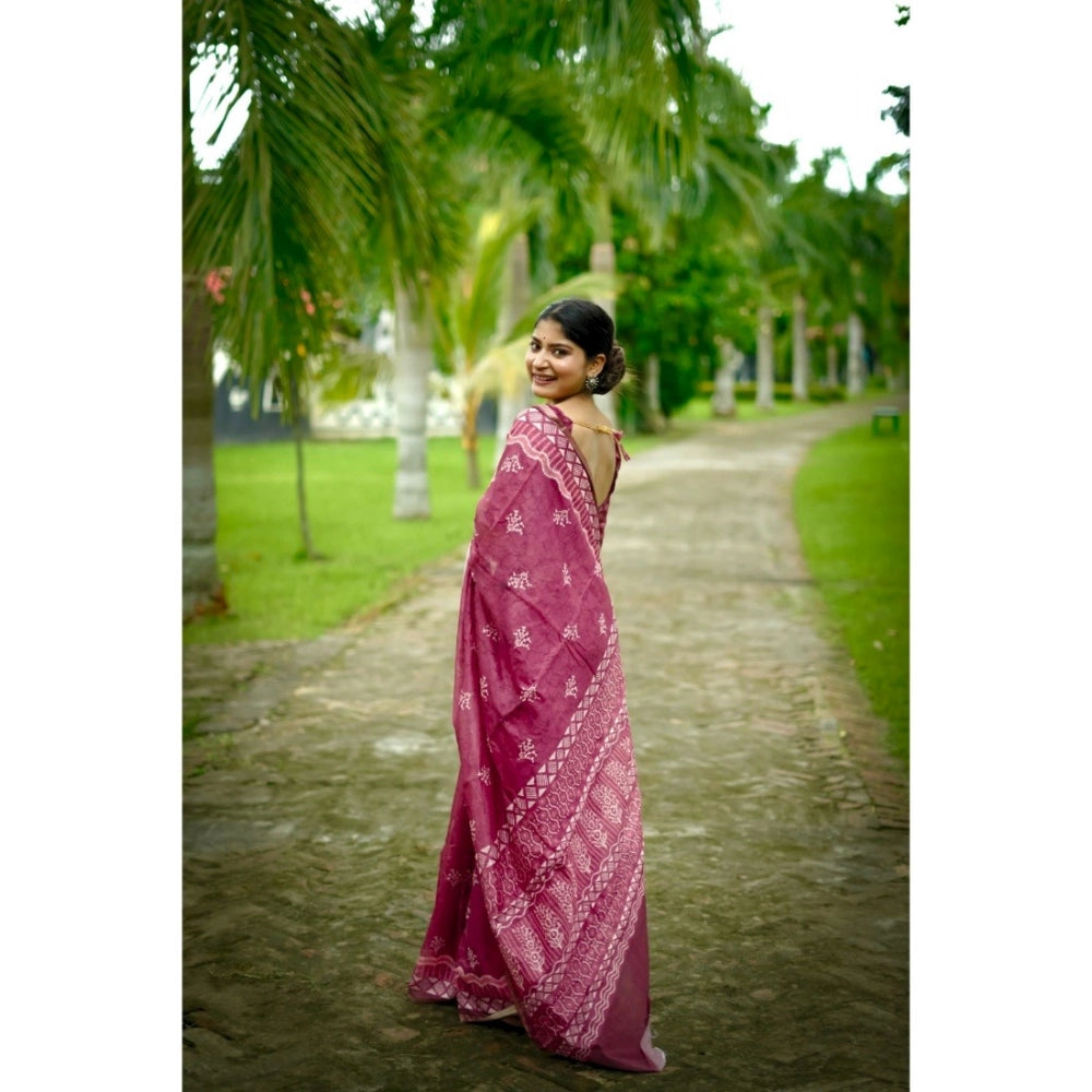 Generic Women's Cotton Printed Saree With Unstitched Blouse (Red, 5.5 Mtr)