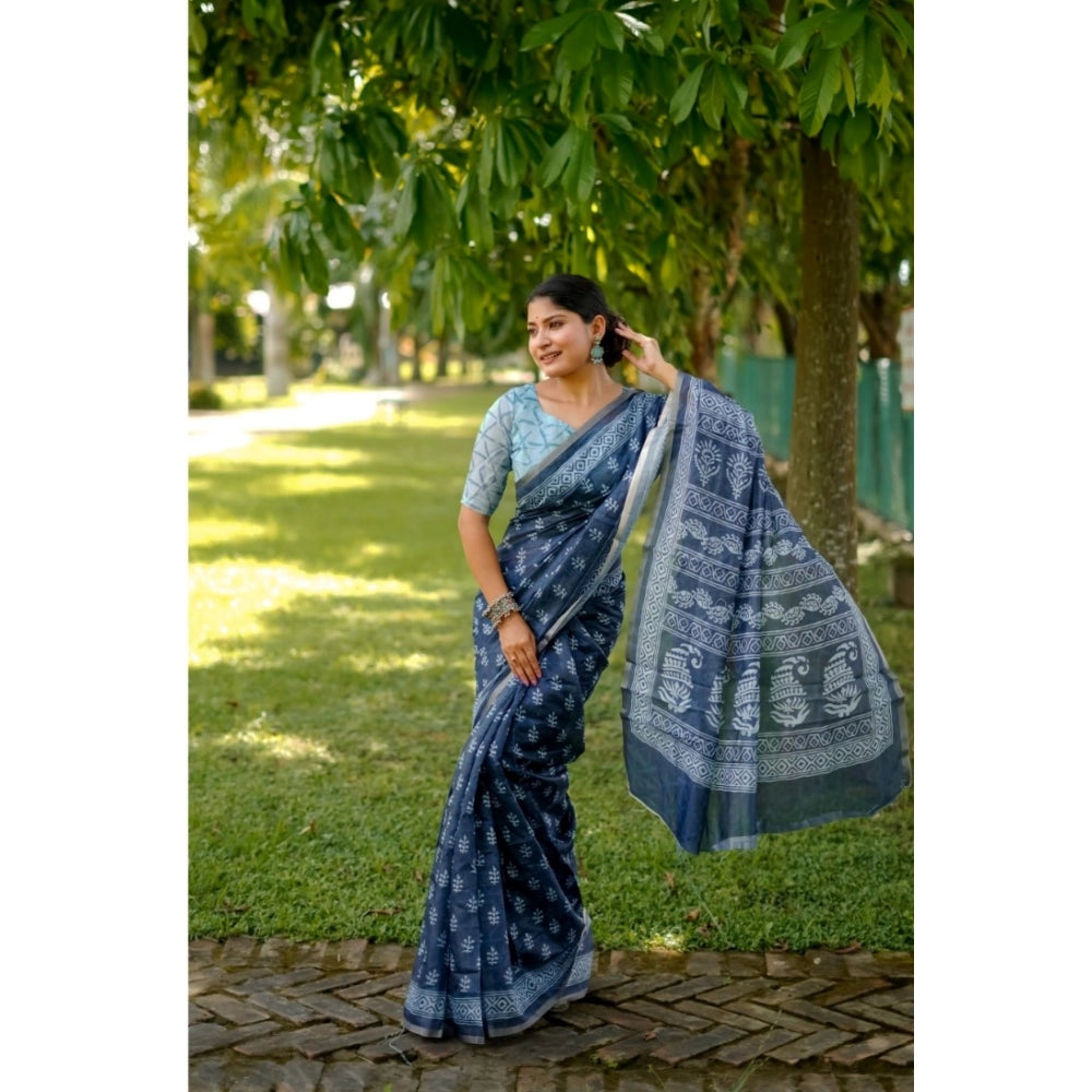 Generic Women's Cotton Printed Saree With Unstitched Blouse (Blue, 5.5 Mtr)