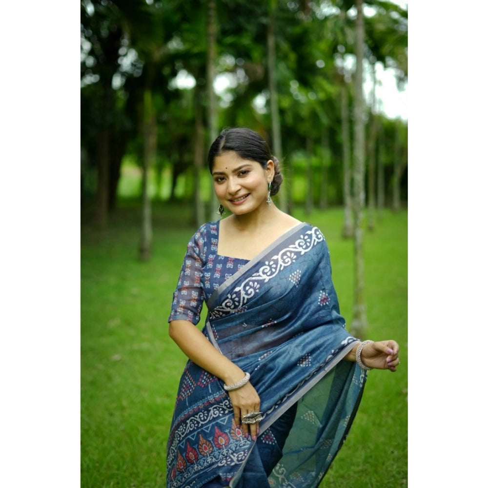 Generic Women's Cotton Printed Saree With Unstitched Blouse (Blue, 5.5 Mtr)