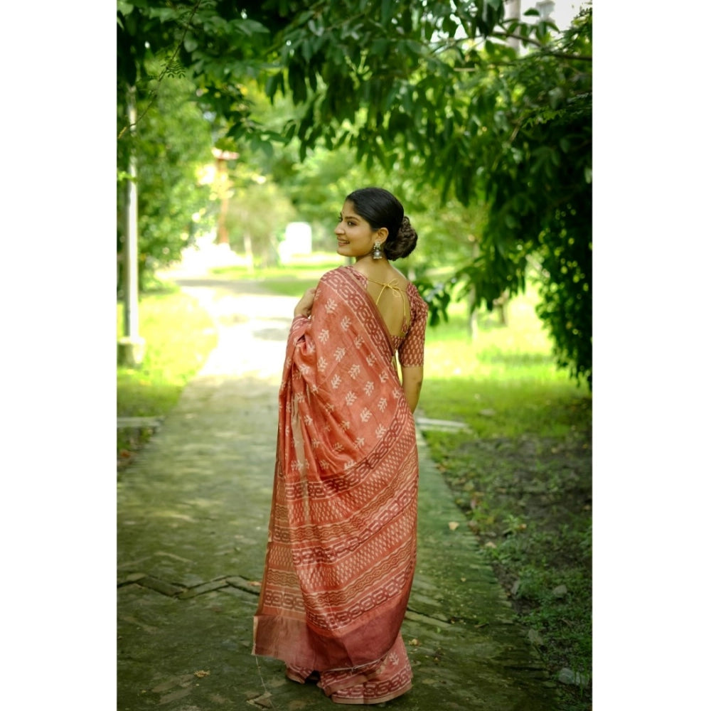 Generic Women's Cotton Printed Saree With Unstitched Blouse (Orange, 5.5 Mtr)