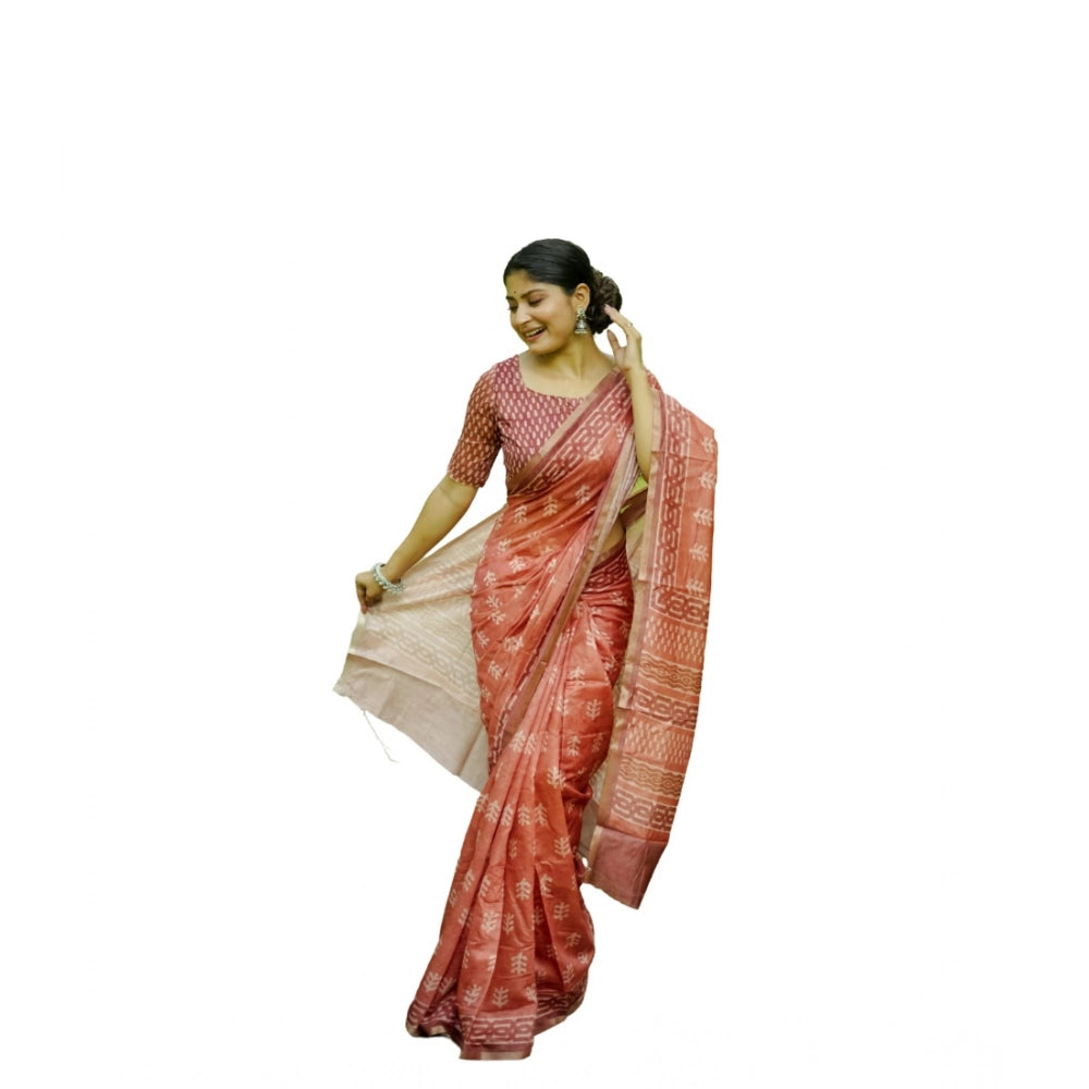 Generic Women's Cotton Printed Saree With Unstitched Blouse (Orange, 5.5 Mtr)