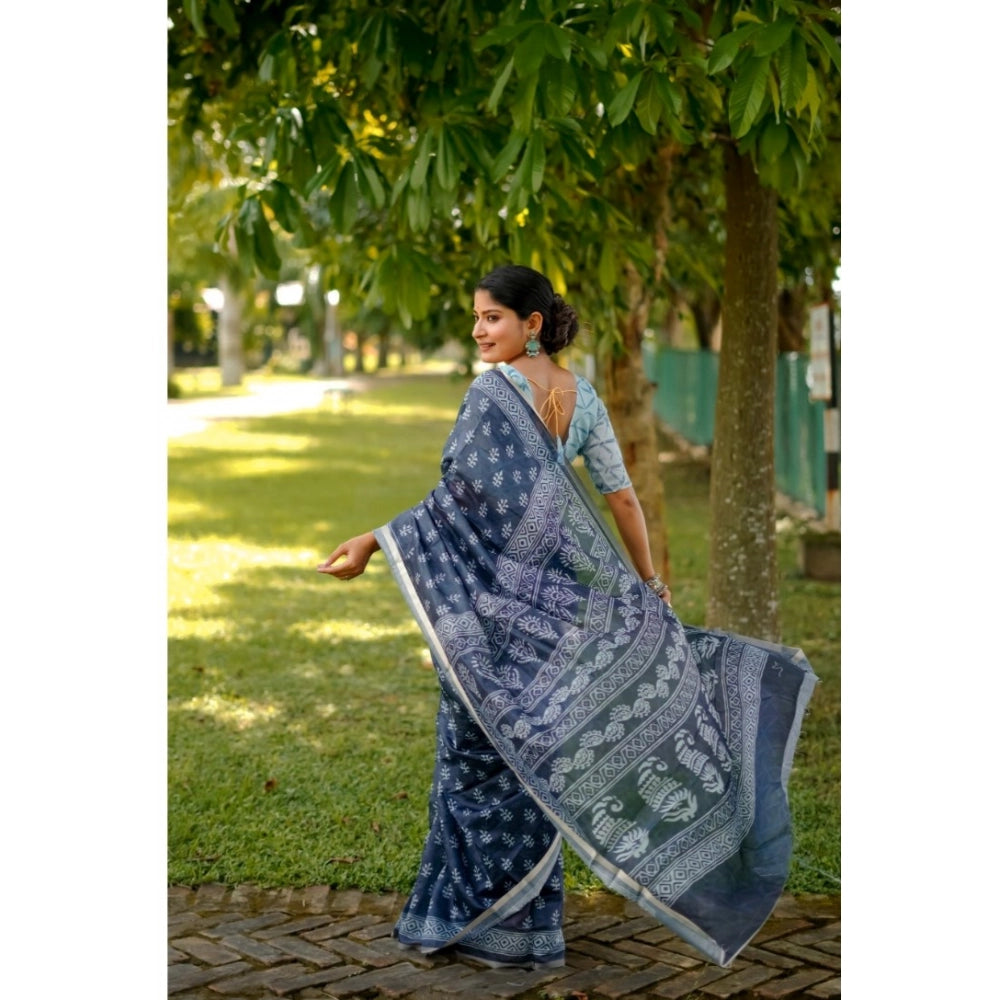 Generic Women's Cotton Printed Saree With Unstitched Blouse (Blue, 5.5 Mtr)