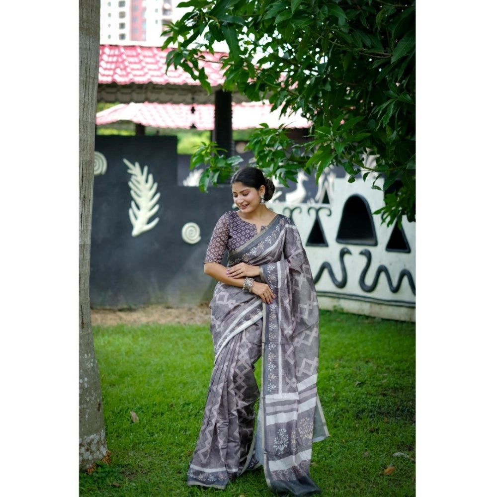 Generic Women's Cotton Printed Saree With Unstitched Blouse (Grey, 5.5 Mtr)