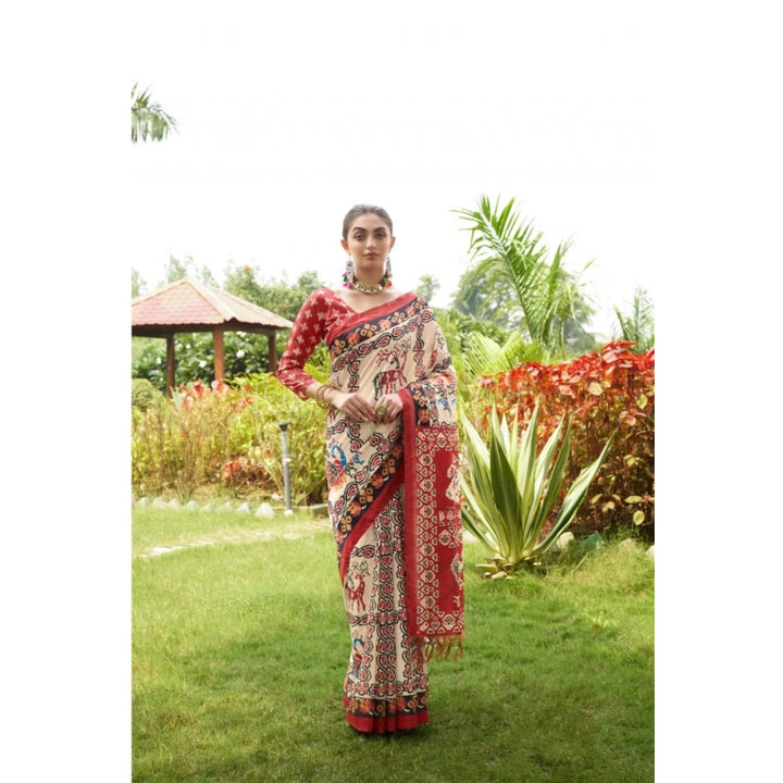 Generic Women's Tussar Silk Printed Saree With Unstitched Blouse (Maroon, 5.5 Mtr)