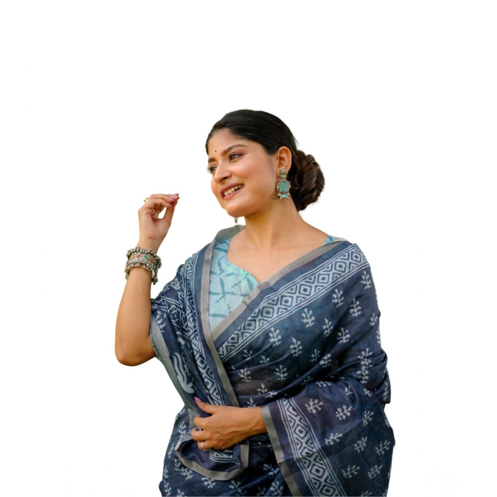 Generic Women's Cotton Printed Saree With Unstitched Blouse (Blue, 5.5 Mtr)