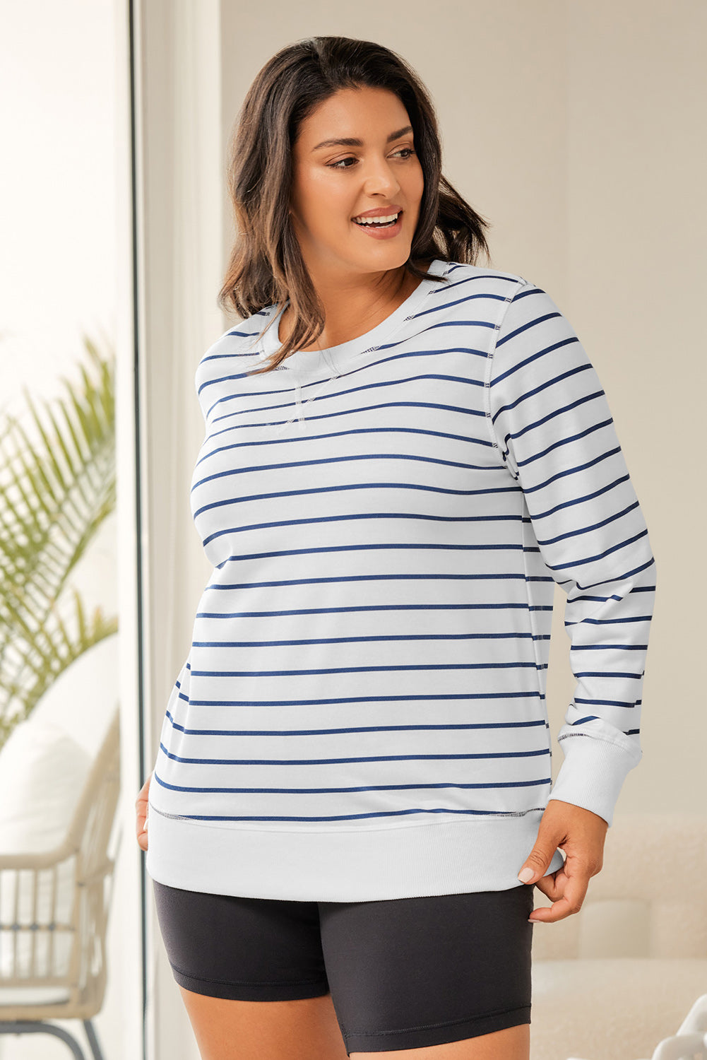 Plus Size Striped Round Neck Long Sleeve T-Shirt