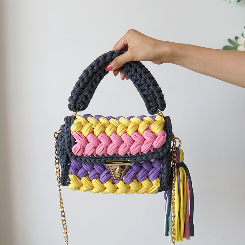 Women's Cotton Woven Fashion Colorblock Hand Crocheting Shoulder Bag