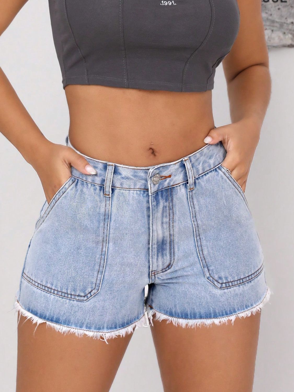 Raw Hem Pocketed Denim Shorts