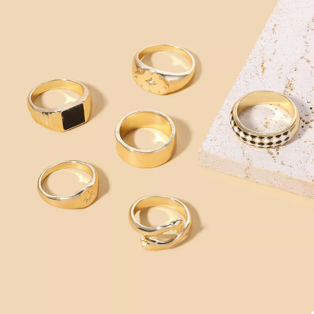 6 Piece 18K Gold - Plated Ring Set - 