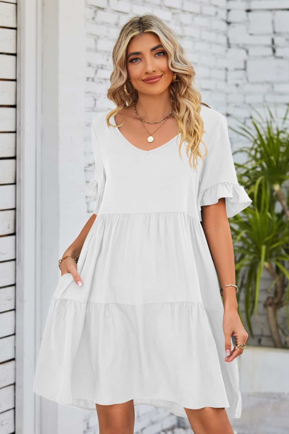 Mandy V-Neck Flounce Sleeve Tiered Dress